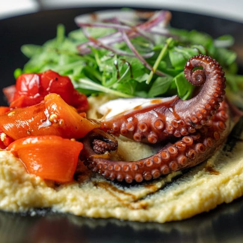 Grilled octopus tentacle on a bed of hummus with roasted red peppers and arugula.