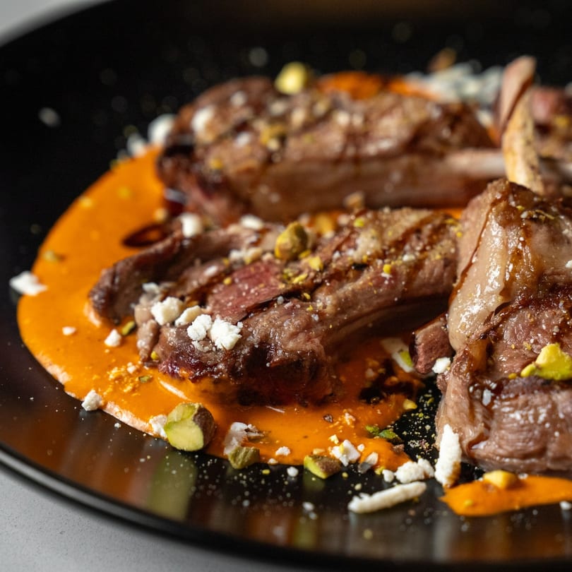 Grilled lamb chops with orange sauce, crumbled cheese, and pistachios on a black plate.